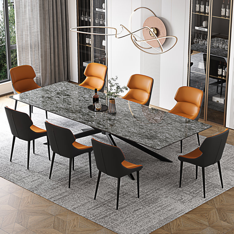 9-Pieces Glam Extended Dining Table Set With 78.7''-110'' Expandable Faux Marble Top And 8 Faux Leather Dining Chairs