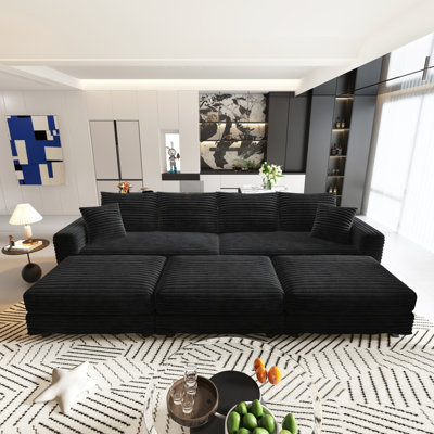 102.4 "Plush Corduroy 4-Seat Sofa,Modern Comfy Upholstered Sofa Cloud Couch,Deep Seat Couches with Soft Pillows and 3 Ottomans,Convertible Sofa Lounge Chair,Black(Old SKU:W1885S00287)