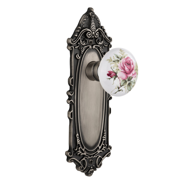 Plaque victorienne avec bouton de porte en porcelaine blanche, Étain antique