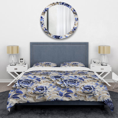 Ensemble de housse de couette à volutes de style baroque bleu cobalt