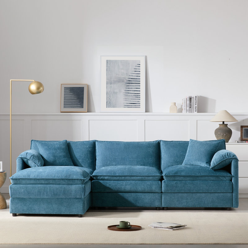 Canapé modulaire en L en chenille avec repose-pieds mobile et siège large, Chenille bleu