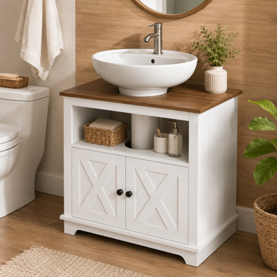Off-white modern farmhouse style bathroom sink cabinet, U-shaped structure for ample storage, with X-patterned doors; requires assembly to fit a specific sink.