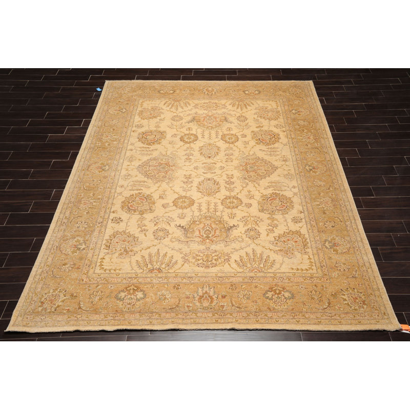 Tapis beige en laine noué à la main de conception unique 8 pi 11 po x 11 pi 6 po Sulayman