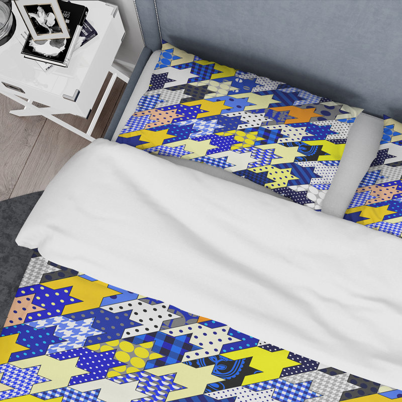 Patchwork jaune et bleu - ensemble de housse de couette abstrait - microfibre de polyester