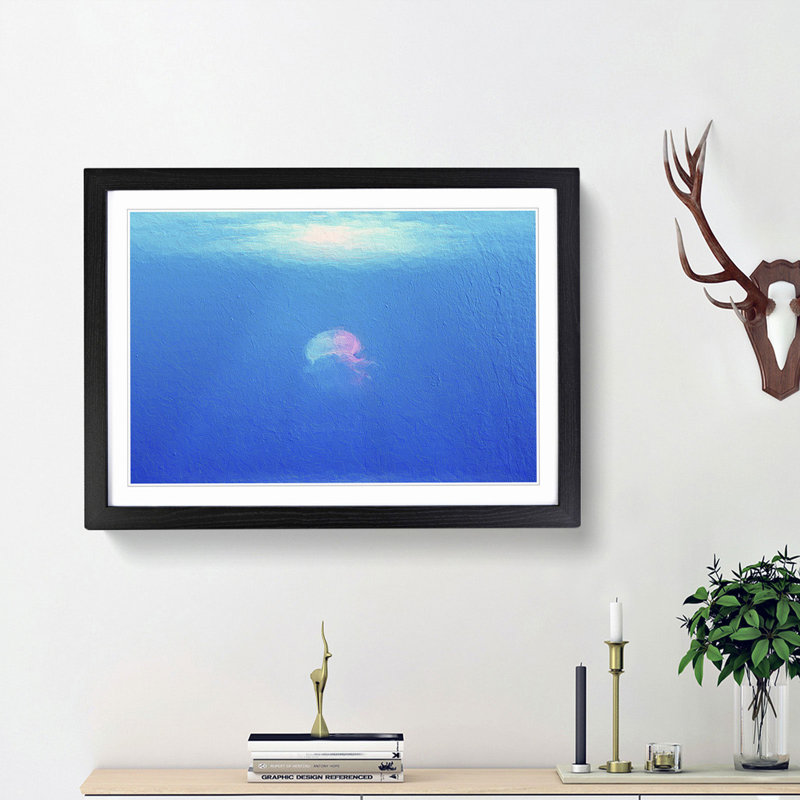 Jellyfish in Pink & Blue with Sunlight - Picture Frame Painting Print, 27cm H x 36cm W x 2cm D, Black Framed