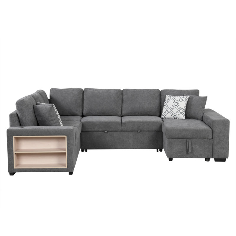109" U-Shaped Sectional Sofa Pull-Out Sofa Bed With Two USB Ports, Gray Chenille