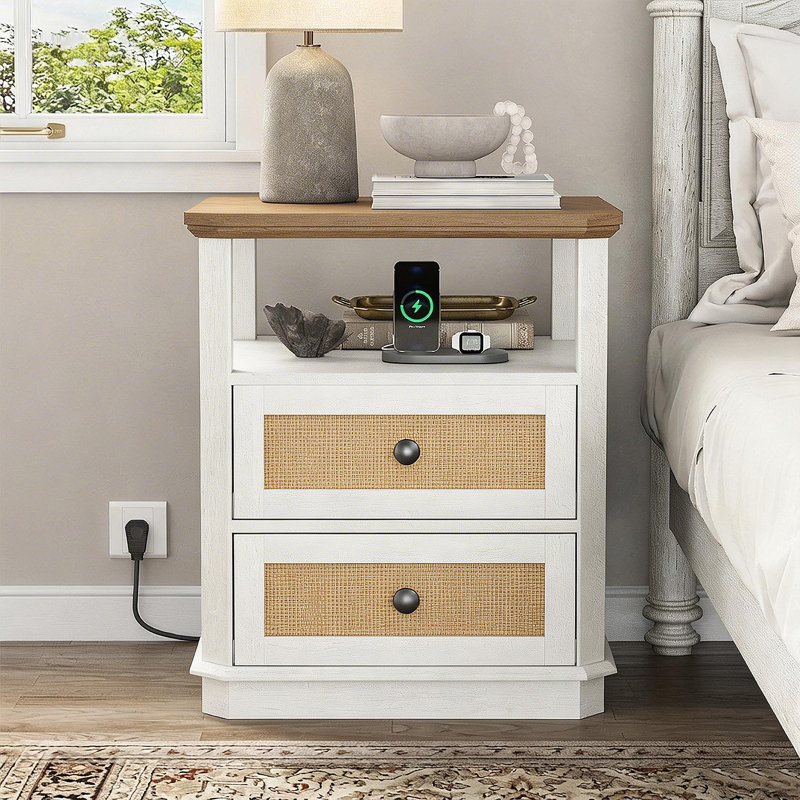 Rattan Nightstands with Storage and Built-in Outlets for Bedroom, 2 Drawers End Side Tables for Living Room,Office, White