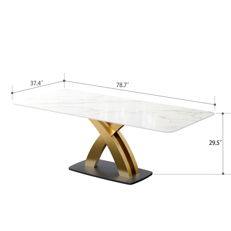 Hugette 79'' Rectangular Dining Table for 6-8 People, Modern Kitchen Table with Sintered Stone Tabletop and Gold X- Shape Metal Base for Home Dining Room, Restaurant, White and Gold