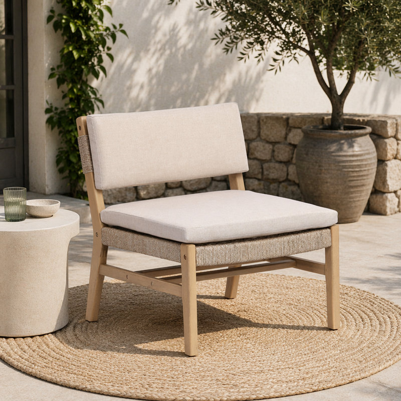 Chaise longue en acacia et coussin beige