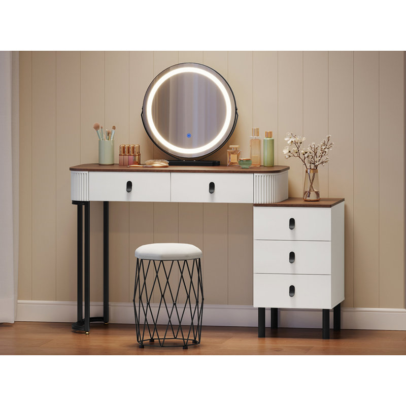 Nitza Dressing Table with Mirror, White/Brown