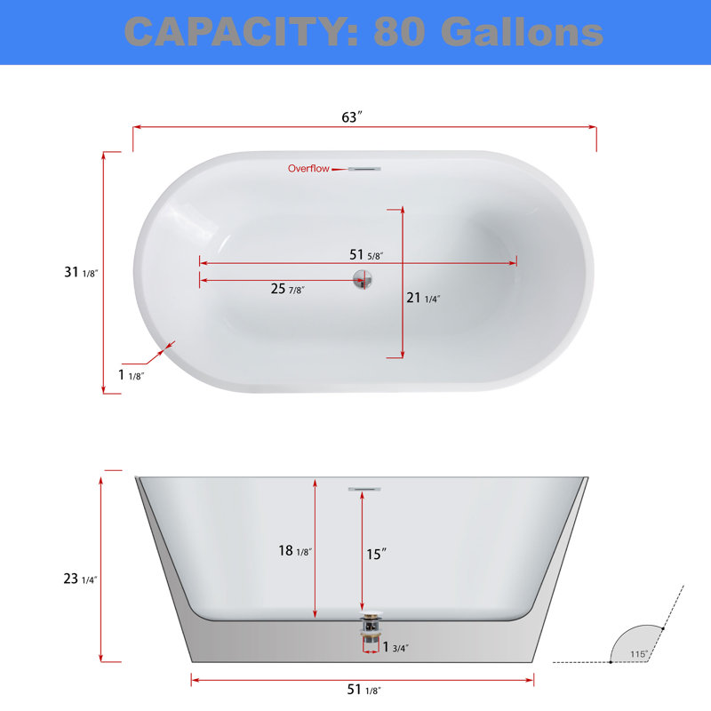 63" x 28" Freestanding Soaking Acrylic Bathtub