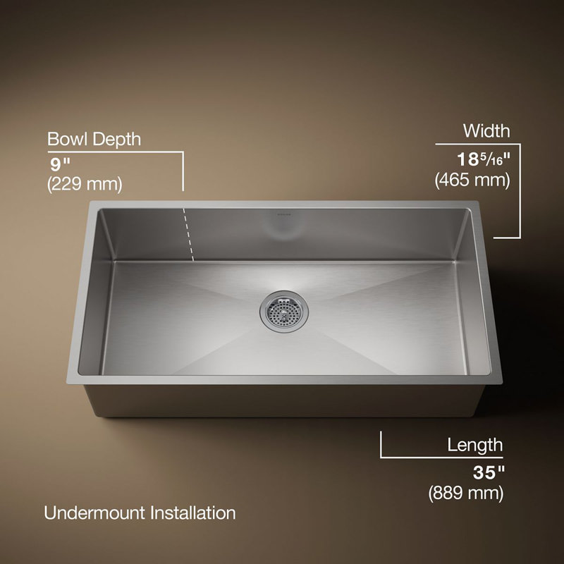Strive 35" L x 18-5/16" W x 9-5/16" Under-Mount Extra-Large Single Bowl Kitchen Sink with Basin Rack
