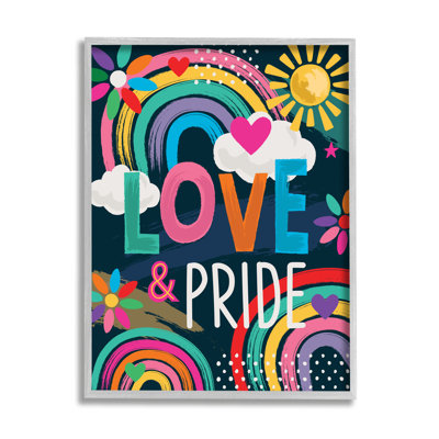 «Love & Pride LGBTQ Floral Rainbows» encadré sur bois par Lisa Perry White bouton, impression