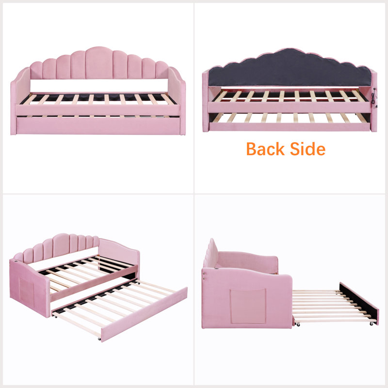 Twin Daybed with Trundle, Velvet Daybed with USB Charging Ports on Right Armrest, Pink