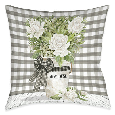 French Country Gingham Floral Outdoor Throw Pillow