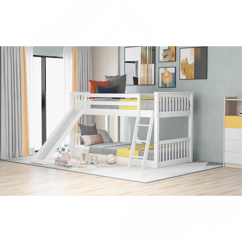 Lit superposé simple au-dessus d'un lit simple avec glissière convertible et échelle, Blanc
