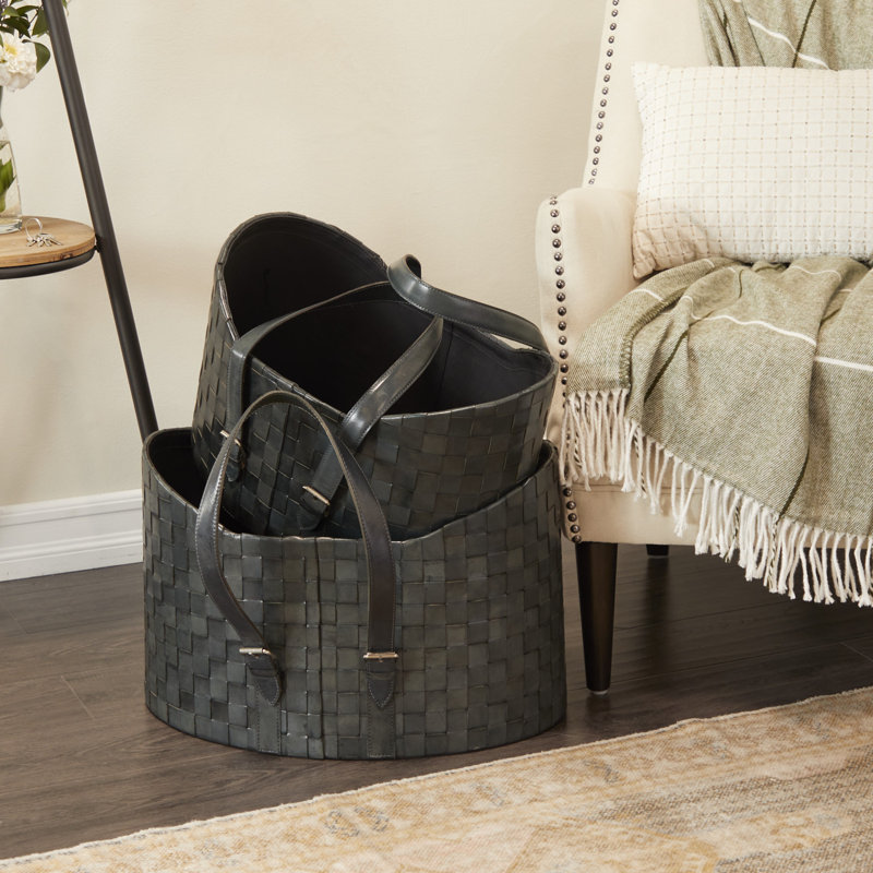 Handmade Modern Basket With Handles - Set of 2, Dark Gray
