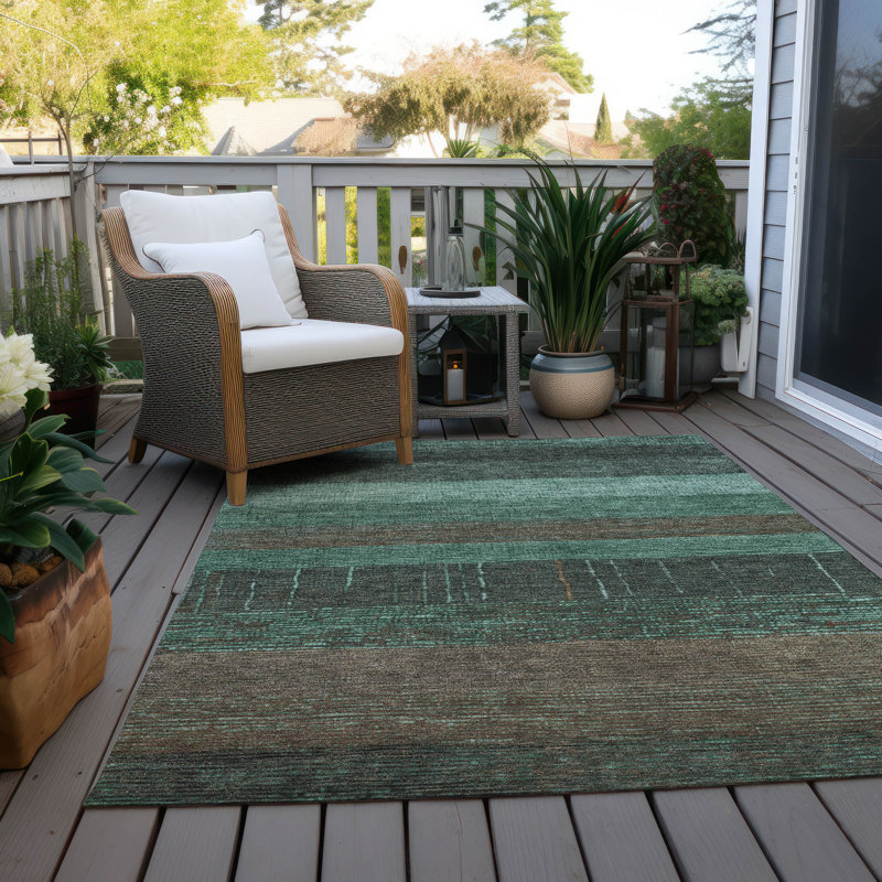 Teal and Brown Striped Synthetic 10' x 14' Flat Woven Rug