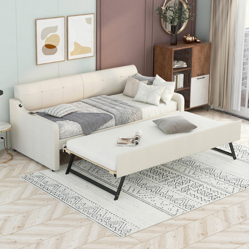 Upholstery Daybed With Trundle And USB Charging Design,Trundle Can Be Flat Or Erected, Beige, Twin