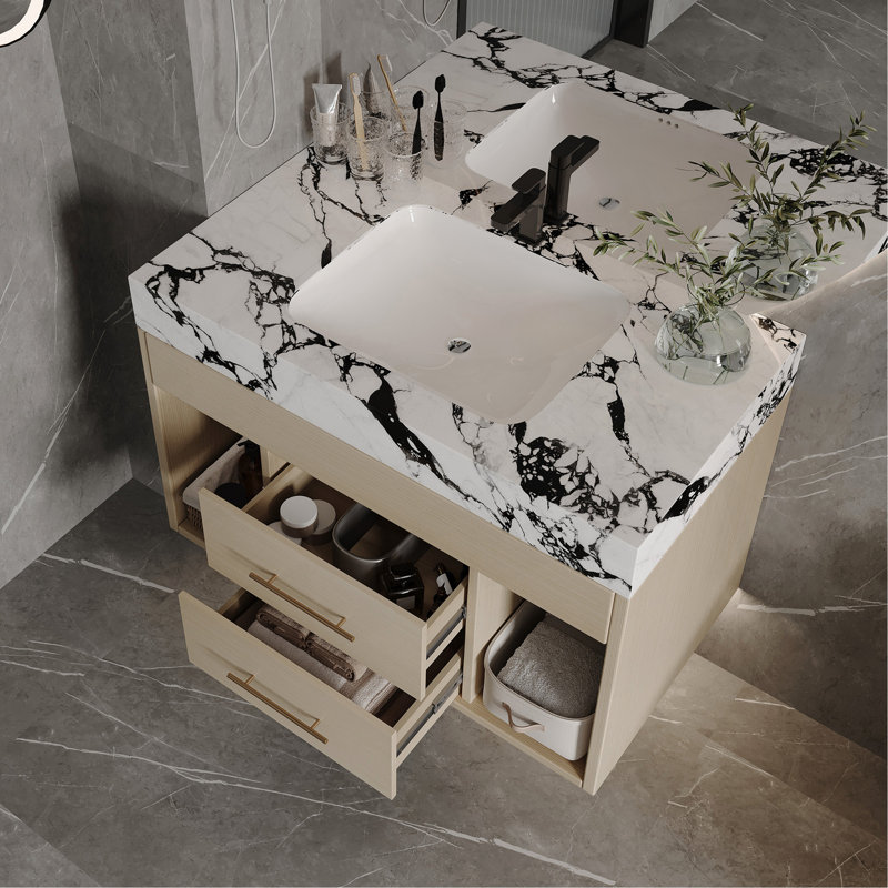 Ensemble de meuble-lavabo mural flottant 29,9 po, Crème, Multi