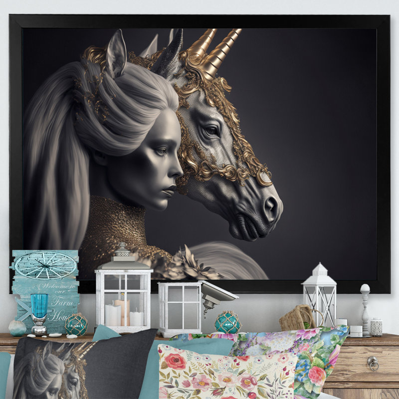 Glamourous Unicorn II - reproduction sur toile, Impression noire sur toile encadrée, H 12 po x l 20 po x P 1 po