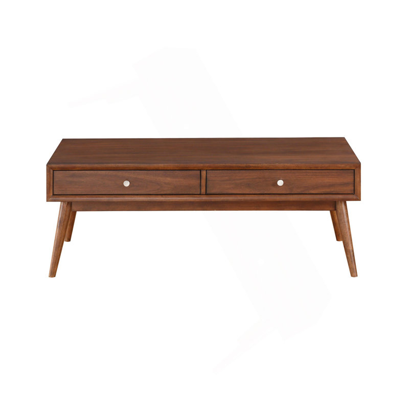 Table basse 2 tiroirs en bois avec pieds évasés, brun noyer
