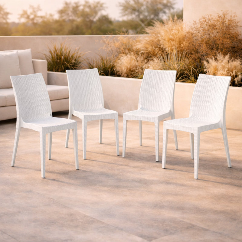 Chaise de patio d'extérieur empilable Quade, blanc, Ensemble de 4