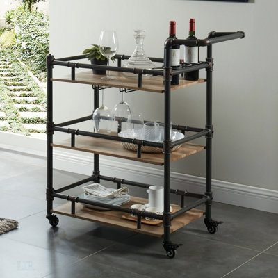Industrial Style Antique Black Inspired Design Natural Oak 1Pc Serving Cart 3-Tier Server