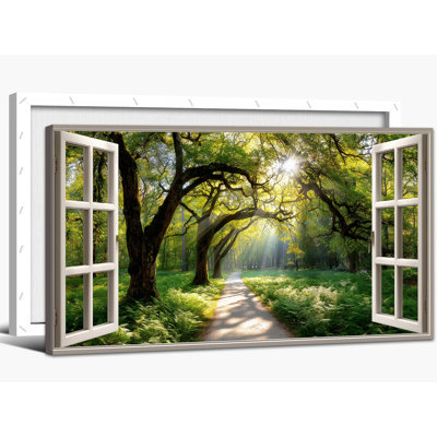  Spring Window Pictures Wall Decor, Scenic Open Window Nature Canvas Wall Art, Vibrant Forest Tree Pictures Artwork Decor, Large Landscape Painting for Living Room, 30x60 inches