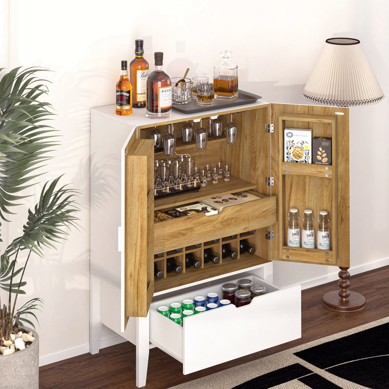Armoire à café de 31,5 po de largeur avec porte-bouteilles, porte-verres à pied et tiroir de rangement, Blanc