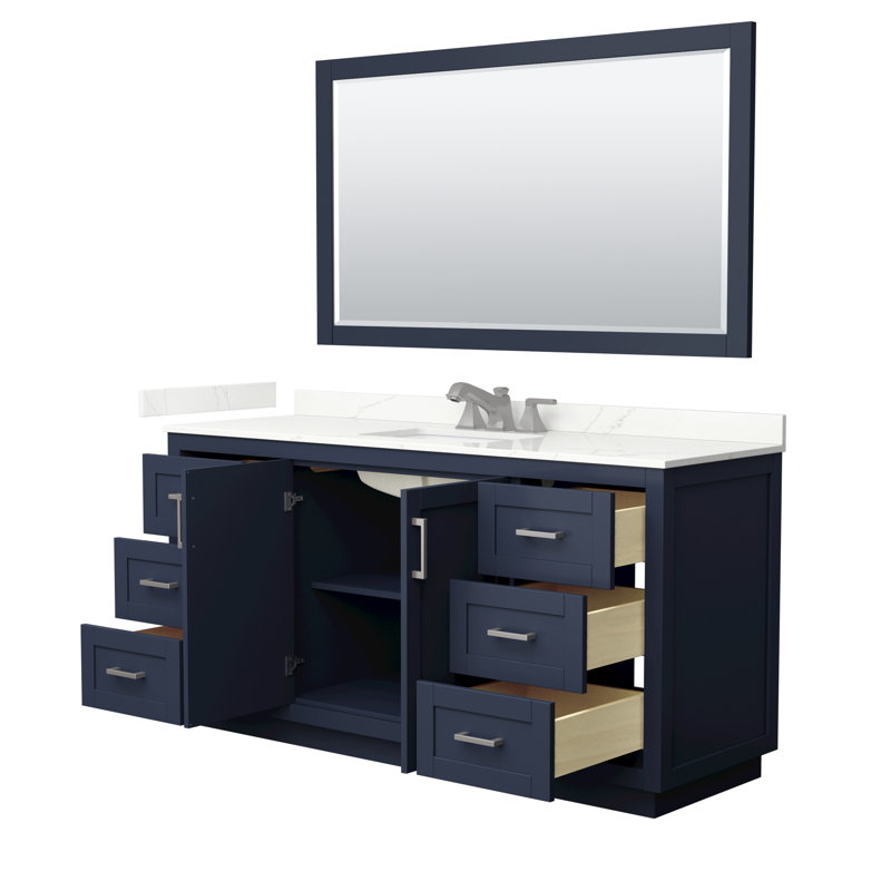 Miranda 66" Freestanding Single Bathroom Vanity with Quartz Top with 58" Mirror, Dark Blue, Giotto Quartz, Brushed Nickel