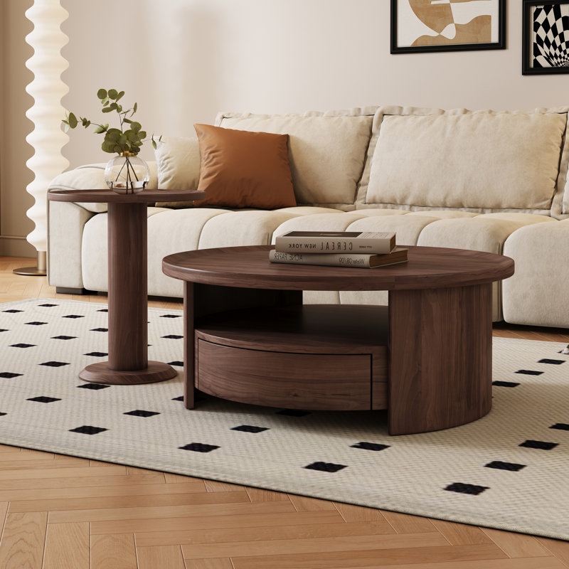 Modern Farmhouse Round Coffee Table Set of 2 - Solid Wood Nesting Tables with Hidden Storage, Expandable Rustic Chic Living Room Décor