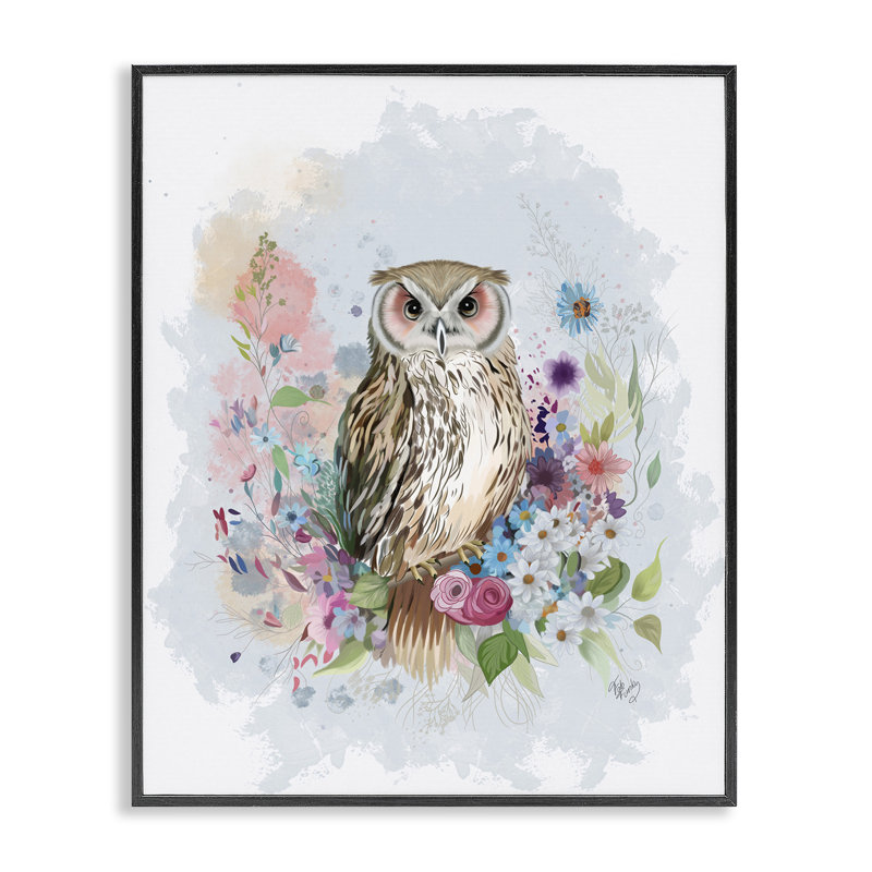 Hibou et guirlande florale, estampe numérique par Fab Funky, H 14 po x l 11 po, Giclée encadrée noir minuit