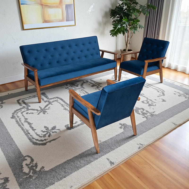 Ensemble de salon en tissu bleu 3 pièces avec capitonnage à boutons H 33,12 po x l 71,15 po x P 29,73 po Arison, Bleu velours