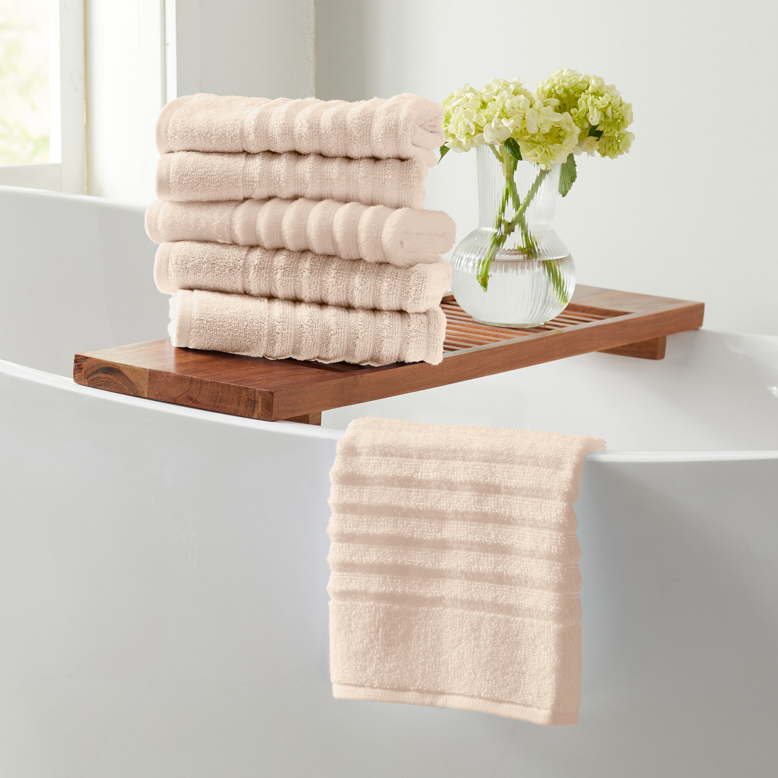 Zero-Twist Cotton Ribbed Hand Towels, Pink Sand, Hand Towels - 6 Pack