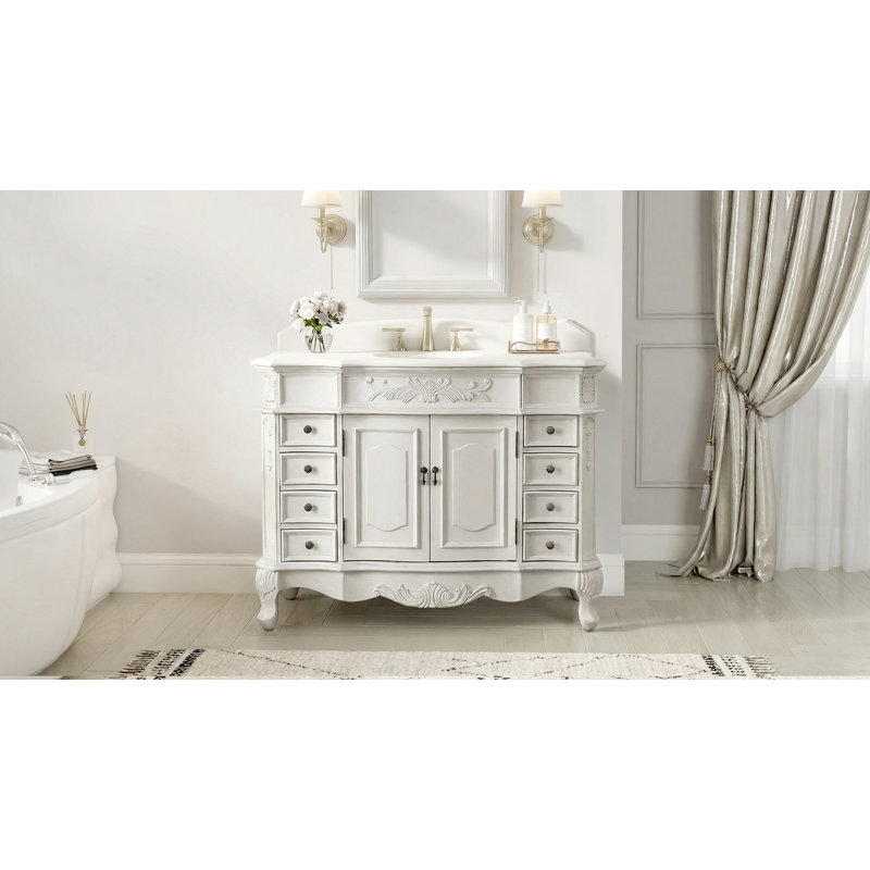Meuble-lavabo autoportant traditionnel Morton de 42 pouces, blanc antique, collection Benton, lavabo simple, comptoir en quartz blanc, entièrement assemblé