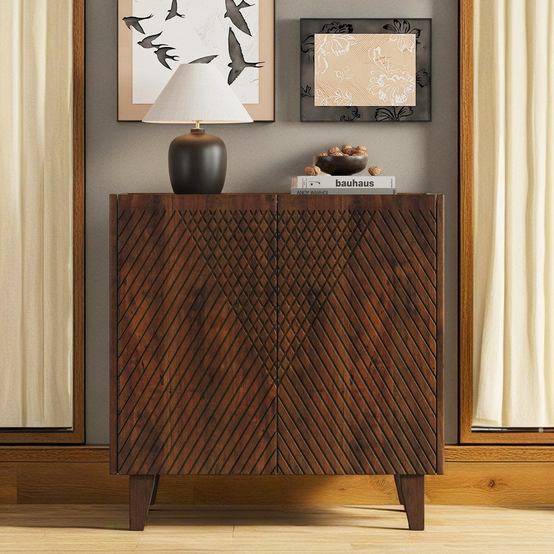 Armoire d'appoint rustique en bois de manguier avec rangement, conception cannelée et tablette réglable pour la salle à manger