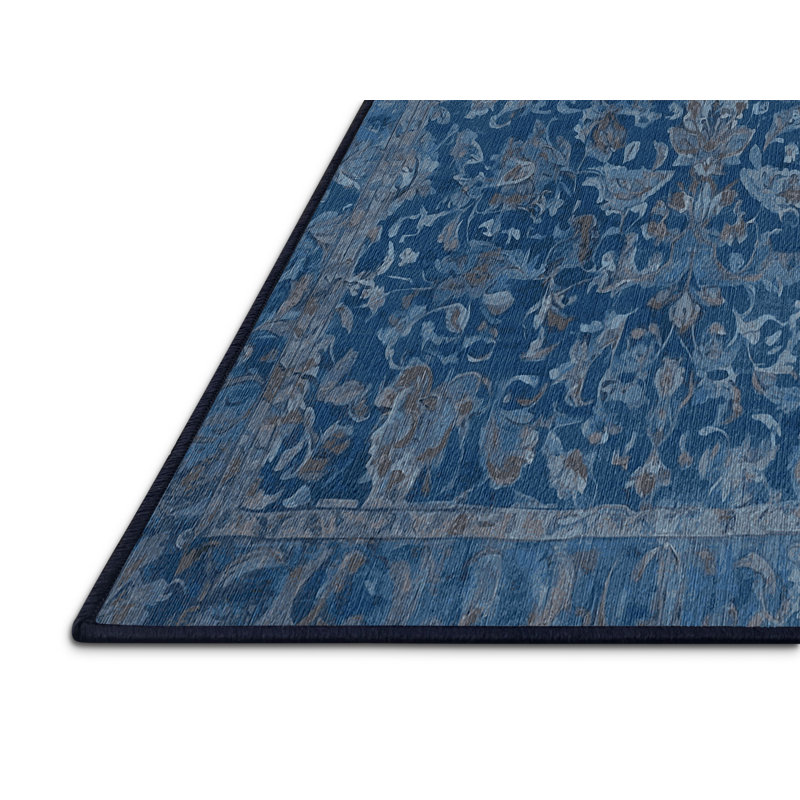 Machine Washable Blue Area Rug, Round 5'