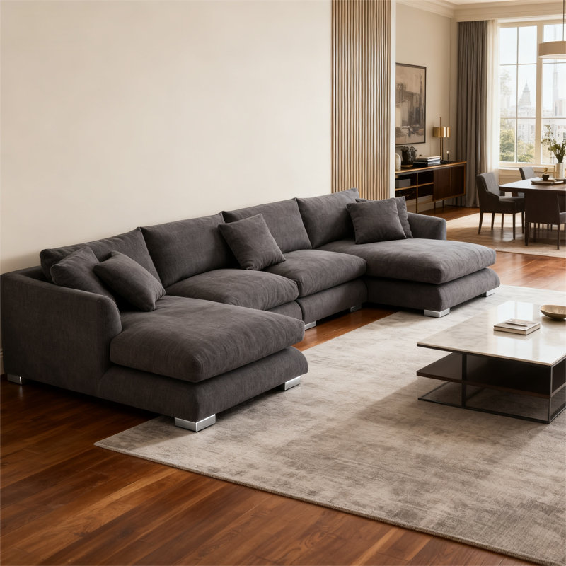 Canapé modulaire en L gris de 140 po avec capacité de 6 sièges en fibre imperméable et lavable à la machine Sofinity pour salon et bureau