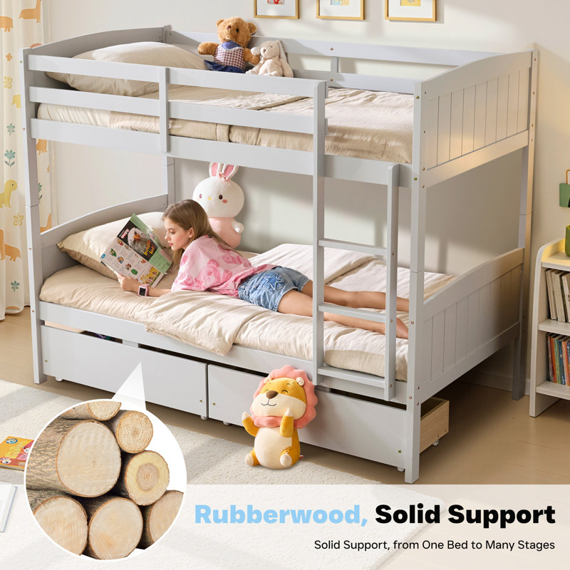 Bilal Twin Over Twin Solid Wood Bunk Bed With Drawers, Gray, Gray