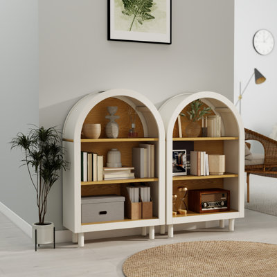 Ensemble de 2 petites bibliothèques arquées avec 3 tablettes en bois, idéales pour le rangement élégant et la présentation dans n'importe quelle pièce