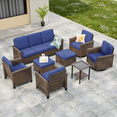 Ensemble de conversation 8 pièces pour 7 personnes avec 8 chaises en rotin brun et osier