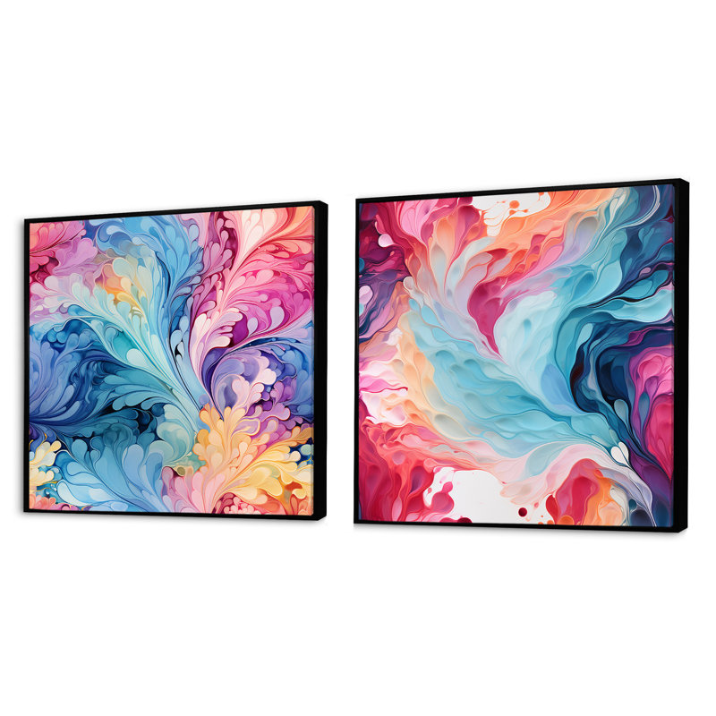 Cydne - Ensemble de 2 collages abstraits carrés, Cadre flottant noir, H 16 po x l 33 po