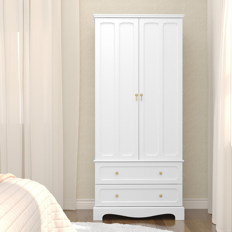 Freestanding Wooden Wardrobe Armoire with 2 Drawers, White