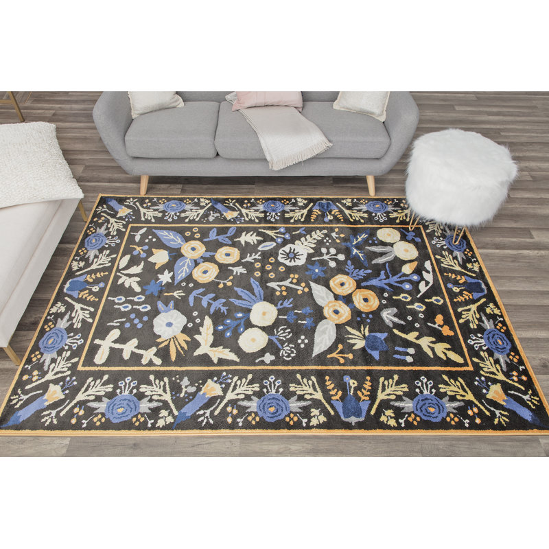 Valentina Floral Gardenia Golden Night Area Rug, Rectangle 9' x 12'