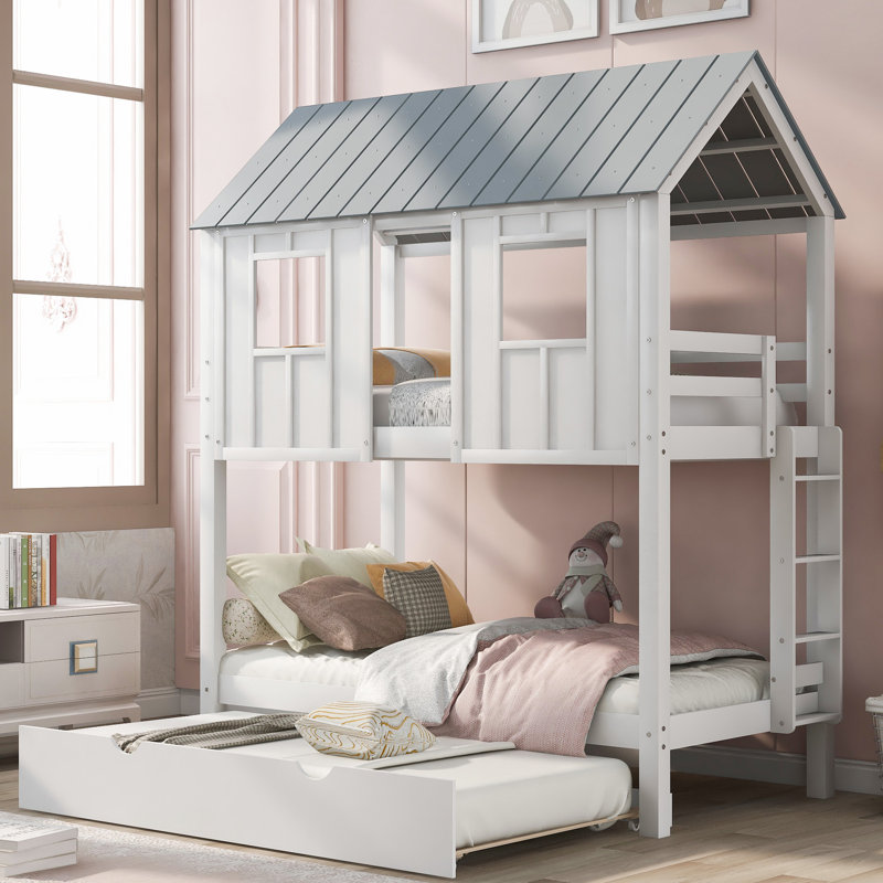 Lit simple superposé avec lit gigogne, toit et fenêtres, blanc et gris, coffre-fort pour le sommeil
