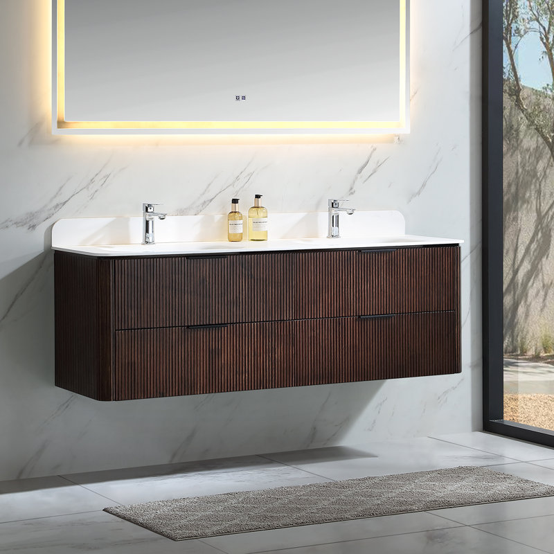Meuble-lavabo mural flottant avec plateau en acrylique, Noyer, 60"