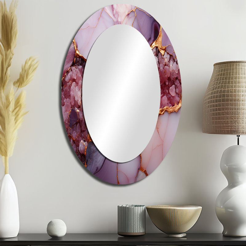 Pink and gold Marble agate river IV - Large Oval Wall Mirror On Metal, 36" H x 24" W