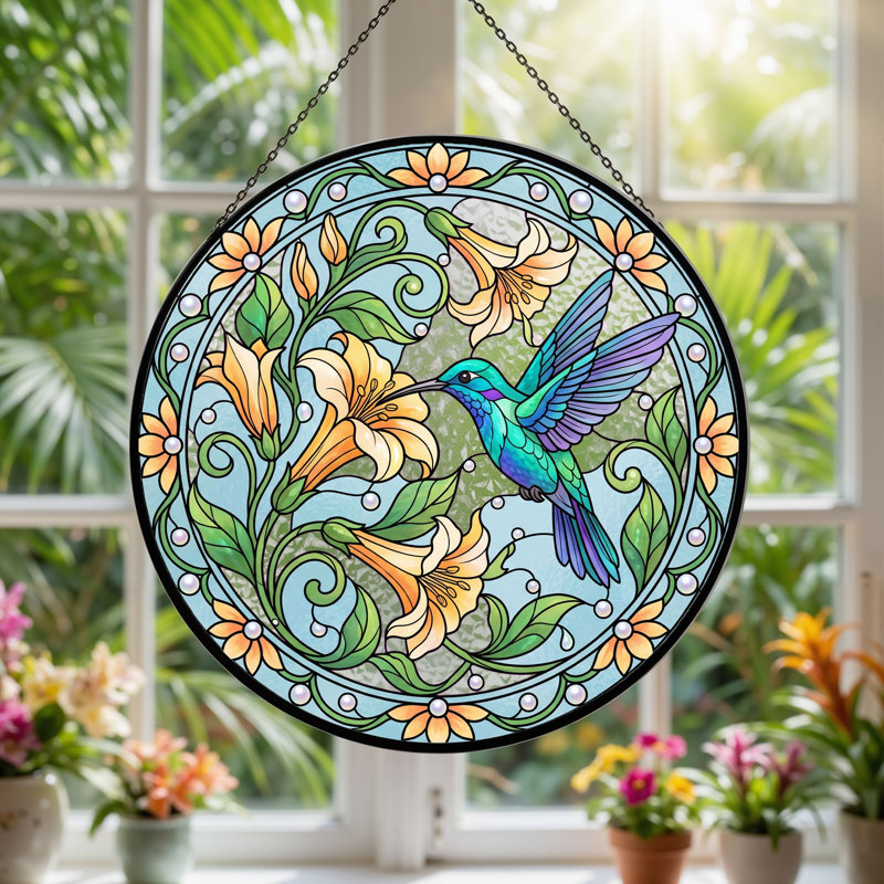 Vitrail de vitrail Hummingbird Floral - 7,8 H, H 7,8 po
