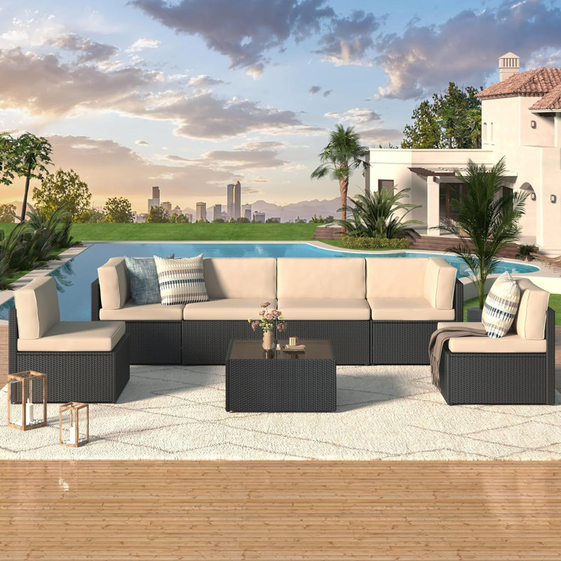 Wicker 6 - Person Garden Lounge Set with Cushions, Beige
